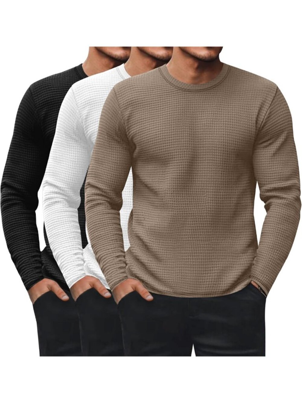 Men's 3 Pack Waffle Thermal Long Sleeve Crew Neck Shirts - Cozy & Versatile Tops